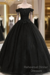 Black Off Shoulder Sweet 16 Formal Dress With Lace, Black Long Semi Formal Prom Dress