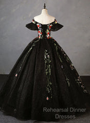 Black Off Shoulder Tulle Ball Gown Sweet 16 Dress, Black Floral Semi Formal Prom Dress Party Dress