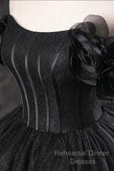 Black Off Shoulder Tulle Lace-Up Sweet 16 Dress, Black Long Party Dress Semi Formal Prom Dress