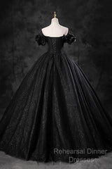 Black Off Shoulder Tulle Lace-Up Sweet 16 Dress, Black Long Party Dress Semi Formal Prom Dress