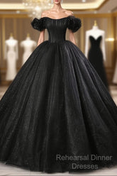 Black Off Shoulder Tulle Lace-Up Sweet 16 Dress, Black Long Party Dress Semi Formal Prom Dress