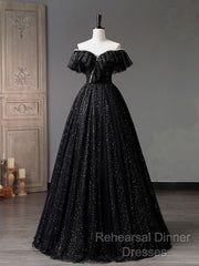 Black Off Shoulder Tulle Long Semi Formal Prom Dress, Black Formal Evening Dresses