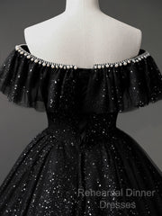 Black Off Shoulder Tulle Long Semi Formal Prom Dress, Black Formal Evening Dresses