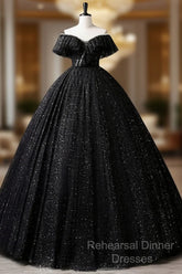Black Off Shoulder Tulle Long Semi Formal Prom Dress, Black Formal Evening Dresses
