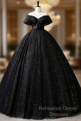 Black Off Shoulder Tulle Long Semi Formal Prom Dress, Black Formal Evening Dresses