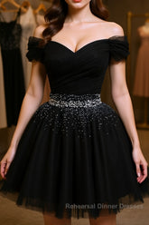 Black Off Shoulder Tulle Sequin Short Semi Formal Prom Dresses, Black Homecoming Dresses