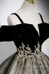 Black Off Shoulder Tulle With Lace Long Formal Dress, Black Sweet 16 Dress