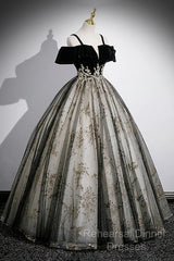 Black Off Shoulder Tulle With Lace Long Formal Dress, Black Sweet 16 Dress