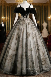 Black Off Shoulder Tulle With Lace Long Formal Dress, Black Sweet 16 Dress