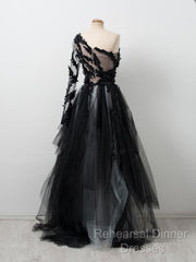 Black One Shoulder Tulle Long Semi Formal Prom Dress Evening Dress