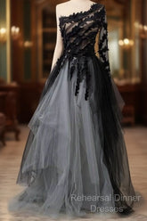 Black One Shoulder Tulle Long Semi Formal Prom Dress Evening Dress