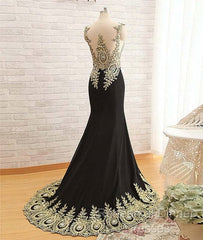 Black Round Neck Lace Applique Long Semi Formal Prom Dress, Black Evening Dress