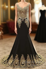 Black Round Neck Lace Applique Long Semi Formal Prom Dress, Black Evening Dress