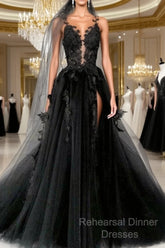 Black Round Neck Tulle Lace Long Semi Formal Prom Dress Black Tulle Formal Dress