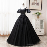 Black Satin and Tulle Ball Gown Off Shoulder Evening Dress Party Gown, Black Long Formal Dress