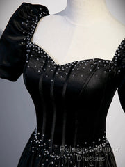 Black Satin Beaded Floor Length Semi Formal Prom Dress, Black A-Line Short Sleeve Evening Dress