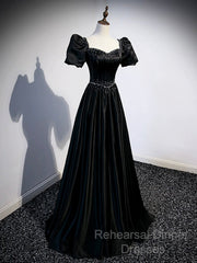 Black Satin Beaded Floor Length Semi Formal Prom Dress, Black A-Line Short Sleeve Evening Dress