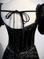 Black Satin Beaded Floor Length Semi Formal Prom Dress, Black A-Line Short Sleeve Evening Dress