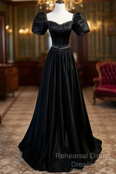 Black Satin Beaded Floor Length Semi Formal Prom Dress, Black A-Line Short Sleeve Evening Dress