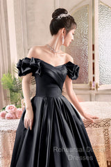 Black Satin Floor Length A-Line Semi Formal Prom Dress, Off The Shoulder Evening Party Dress