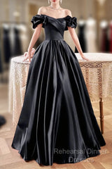 Black Satin Floor Length A-Line Semi Formal Prom Dress, Off The Shoulder Evening Party Dress