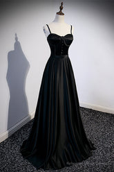 Black Satin Straps Long Party Dress, Black Sweetheart Long Evening Dress Prom Dress