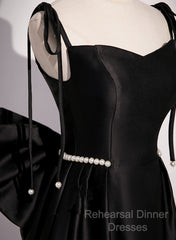 Black Satin Sweetheart Long Semi Formal Prom Dress With Bow, Black Long Evening Dress