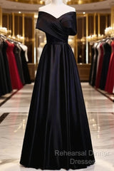 Black Satin Sweetheart Off Shoulder Party Dress, Black A-Line Long Formal Dress