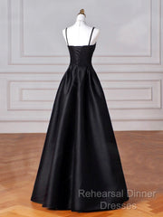 Black Spaghetti Strap Satin Long Semi Formal Prom Dress, Black A-Line Evening Dress