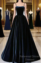 Black Spaghetti Strap Velvet Long Semi Formal Prom Dress With Pearls, A-Line Evening Dress Party Dress