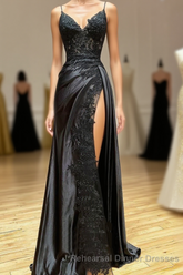 Black Spaghetti Straps Lace Appliques Semi Formal Prom Dress with Slit