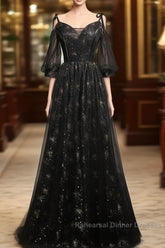 Black Straps Tulle Long Party Dress With Sleeves Evening Dress, Black A-Line Semi Formal Prom Dress Party Dresses