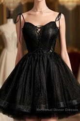 Black Straps Tulle Short Homecoming Dress Semi Formal Prom Dress, Little Black Party Dresses