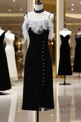 Black Tea Length Straps Beaded Formal Dress, Black Party Dress Evening Dress