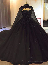 Black Tulle Ball Gown Wedding Party Dress with Cap, Black Lace Formal Gown