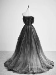 Black Tulle Gradient Long Party Dress With Beadings, Black Evening Dress Semi Formal Prom Dress