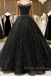 Black Tulle Long Semi Formal Prom Dress, Black Spaghetti Straps Formal Evening Gown