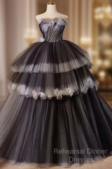 Black Tulle Long Semi Formal Prom Gown, Black Tulle Evening Dress