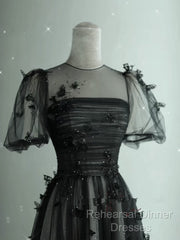 Black Tulle Puffy Short Sleeves A-Line Semi Formal Prom Dress, Black Evening Dress Party Dress