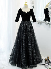 Black Tulle Sequins Square Neck Short Sleeve Prom Dress