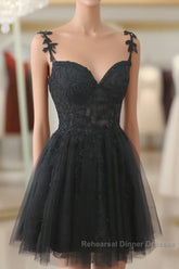 Black V Neck Beaded Tulle And Lace Semi Formal Prom Dress, Cute Black Homecoming Dress