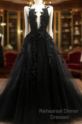 Black V Neck Lace Long Semi Formal Prom Dress A Line Evening Dress