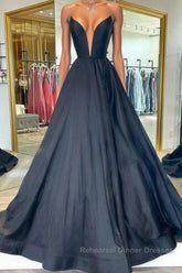 Black v neck satin long Semi Formal Prom Dresses, black evening Dresses