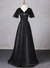 Black V-neck Short Sleeve Prom Dress