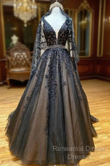 Black V Neck Tulle Lace Beads Long Semi Formal Prom Dress Black Evening Dress