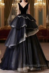 Black V Neck Tulle Long Semi Formal Prom Dress, Black Long Evening Dress