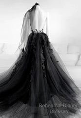 Black V-Neckline Backless Tulle With Lace Party Dress, Black Long Semi Formal Prom Dress