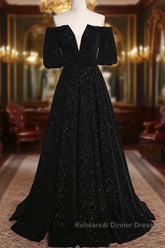 Black V-Neckline Velvet Off Shoulder Party Dress, A-Line Black Semi Formal Prom Dress Evening Dress