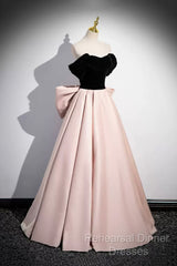 Black Velvet And Pink Satin Long Semi Formal Prom Dress, Beautiful A-Line Evening Party Dress With Bow