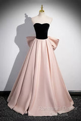 Black Velvet And Pink Satin Long Semi Formal Prom Dress, Beautiful A-Line Evening Party Dress With Bow